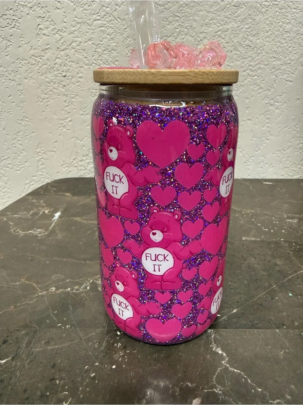 Swear Bear Fuk It Pink Glitter 12 oz Wine Glass Cup with Lid Handmade